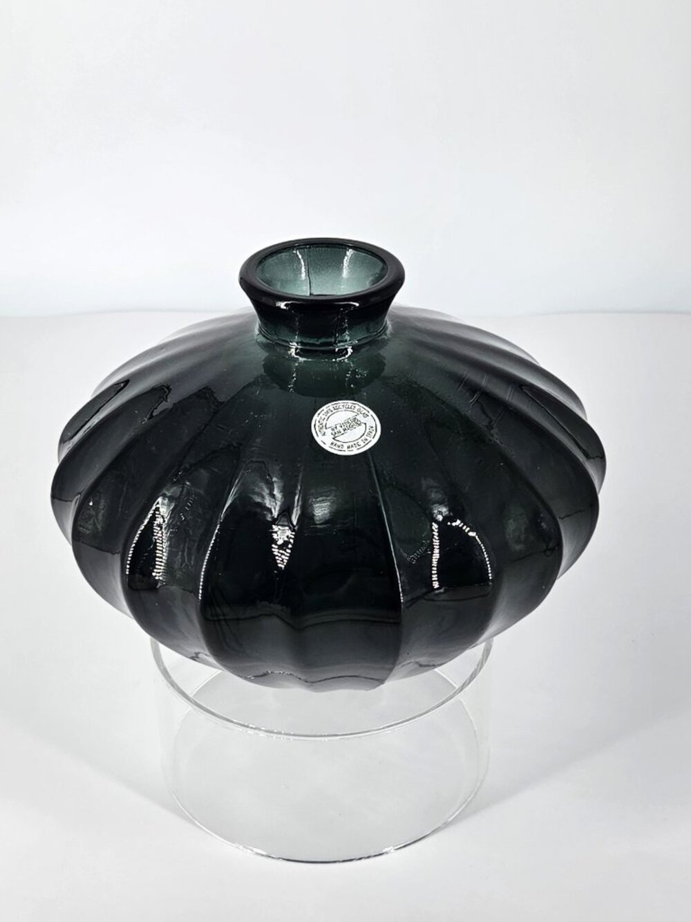 Vidrios San Miguel Spain 100% Recycled Glass Dark Teal Handmade Melon Shape Vase